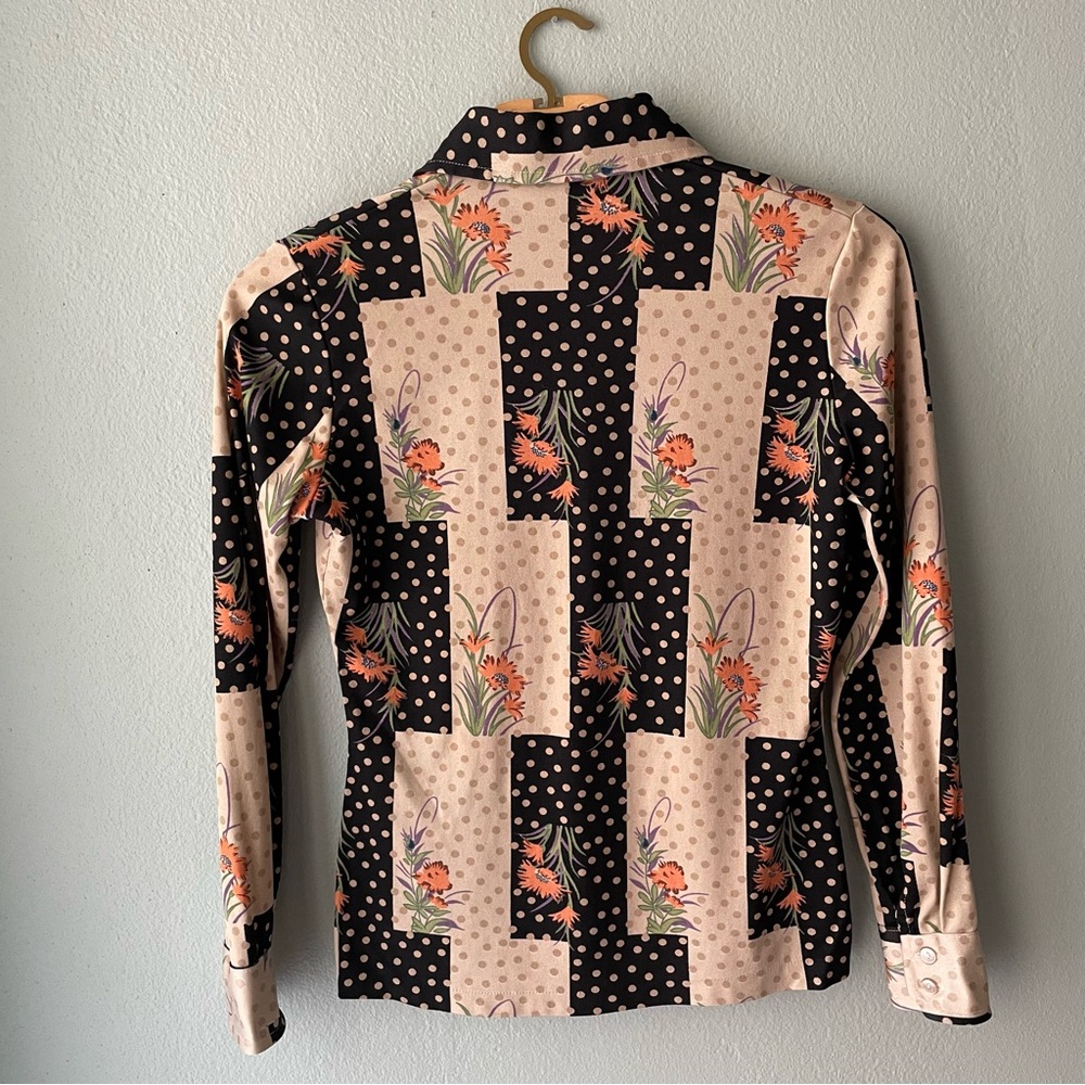 Tarni | Vintage 60s 70s Floral Geometric Polka Dot Nylon Button-Down Shirt - Picture 3 of 5